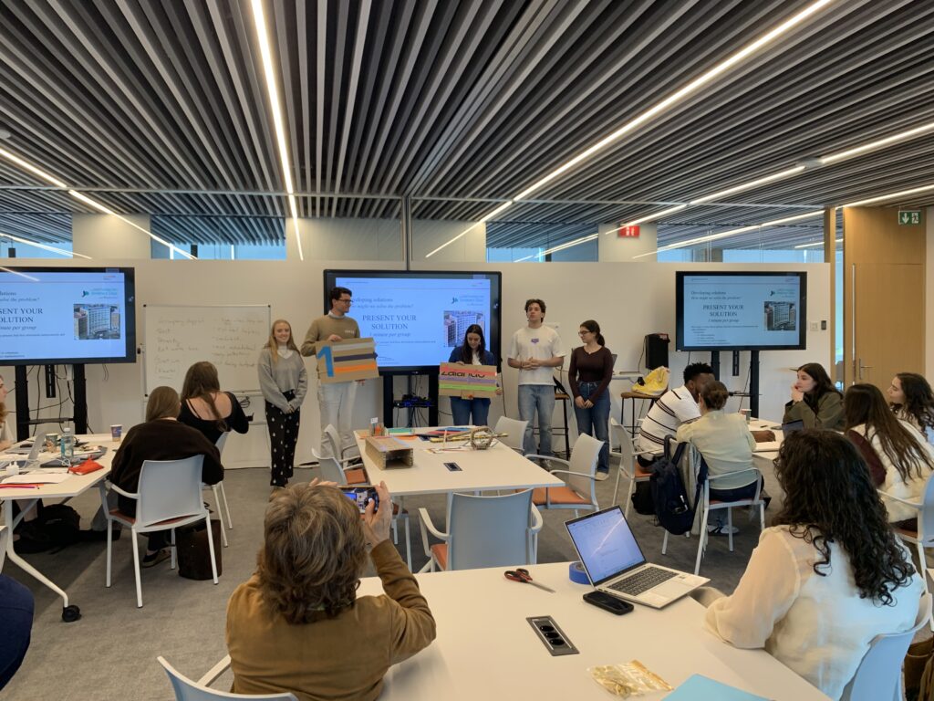 Advantere MIM students working on a design thinking challenge with Hospital Universitario Fundación Jiménez Díaz to improve patient experience